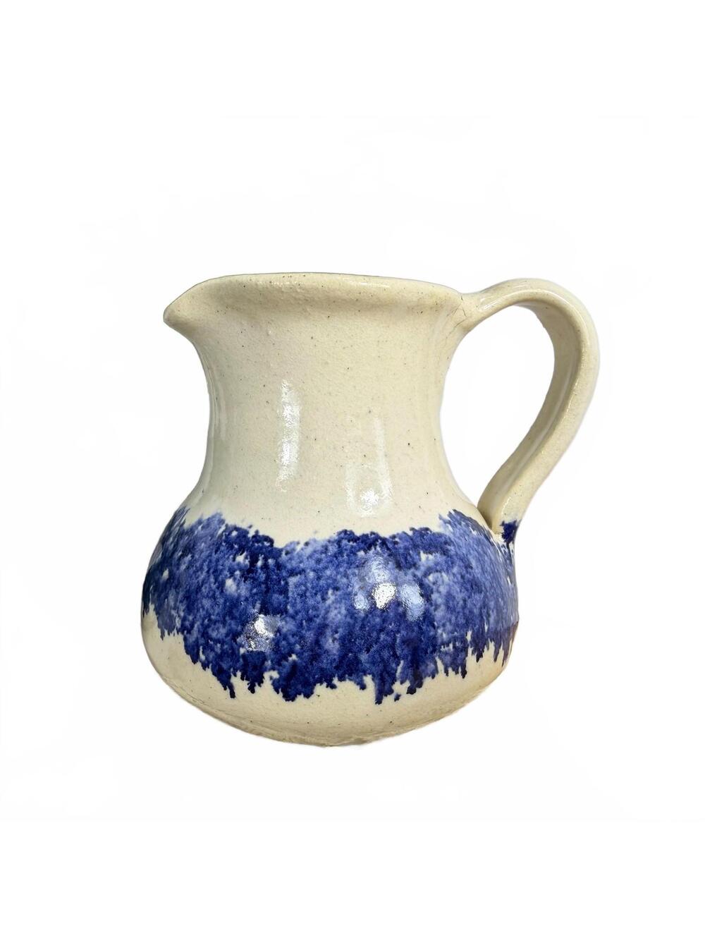 Vintage Handmade Pottery Pitcher Blue Spongeware Glaze Creamer Jug Farmhouse Art
